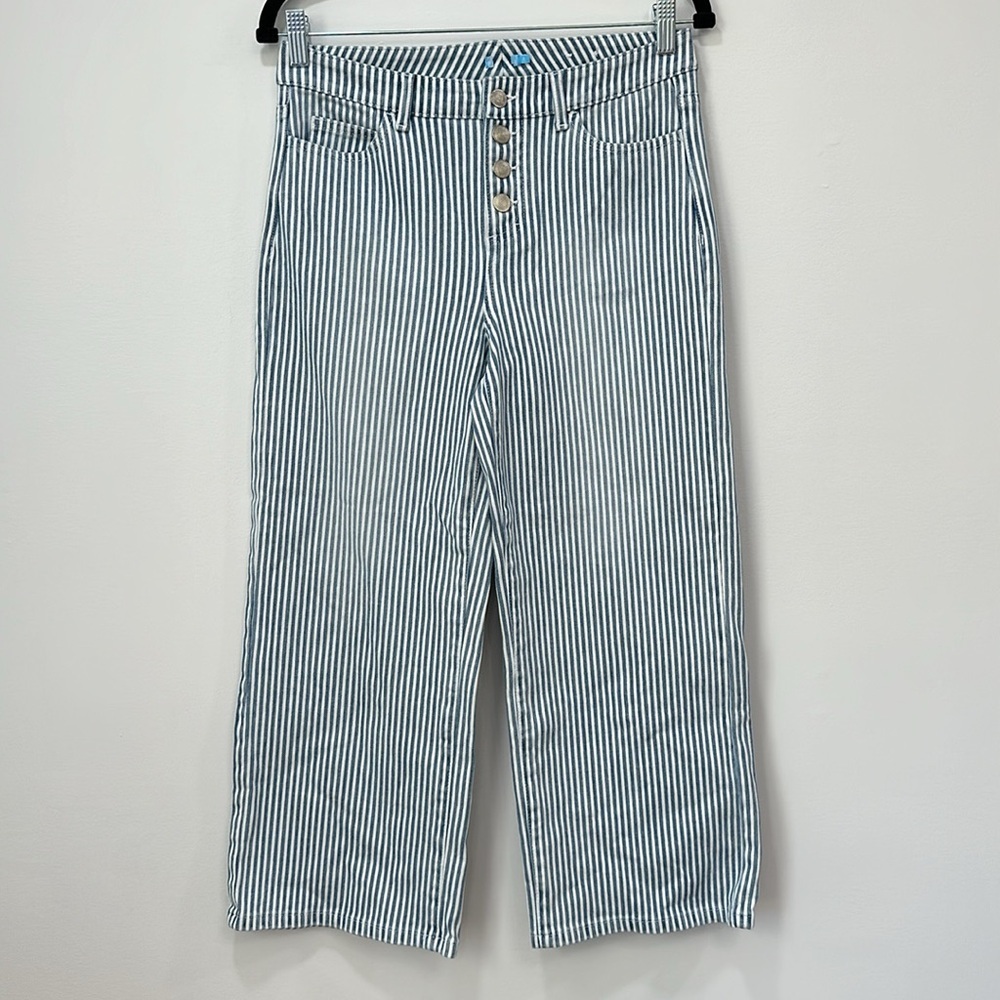 J Mclaughlin Womens Jeans 4 Wide Leg Stripe Crop Button Fly Nautical Beach Denim